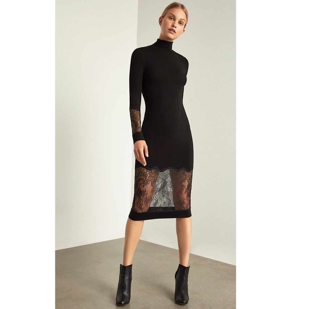 BCBG Lace Trimmed Sheath Midi Dress in Black